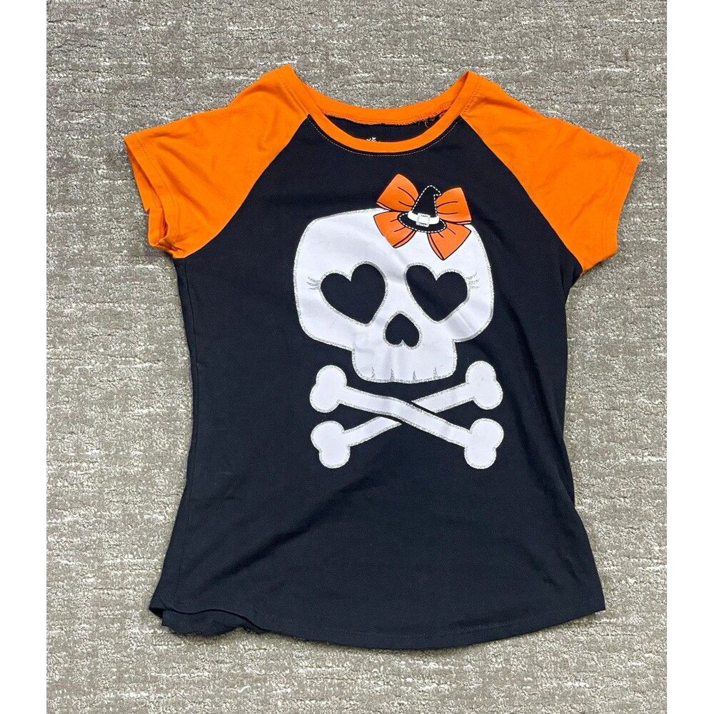 Girls  Black/Orange Raglan Crew Neck T shirt Skull Halloween Tee L large 10/12